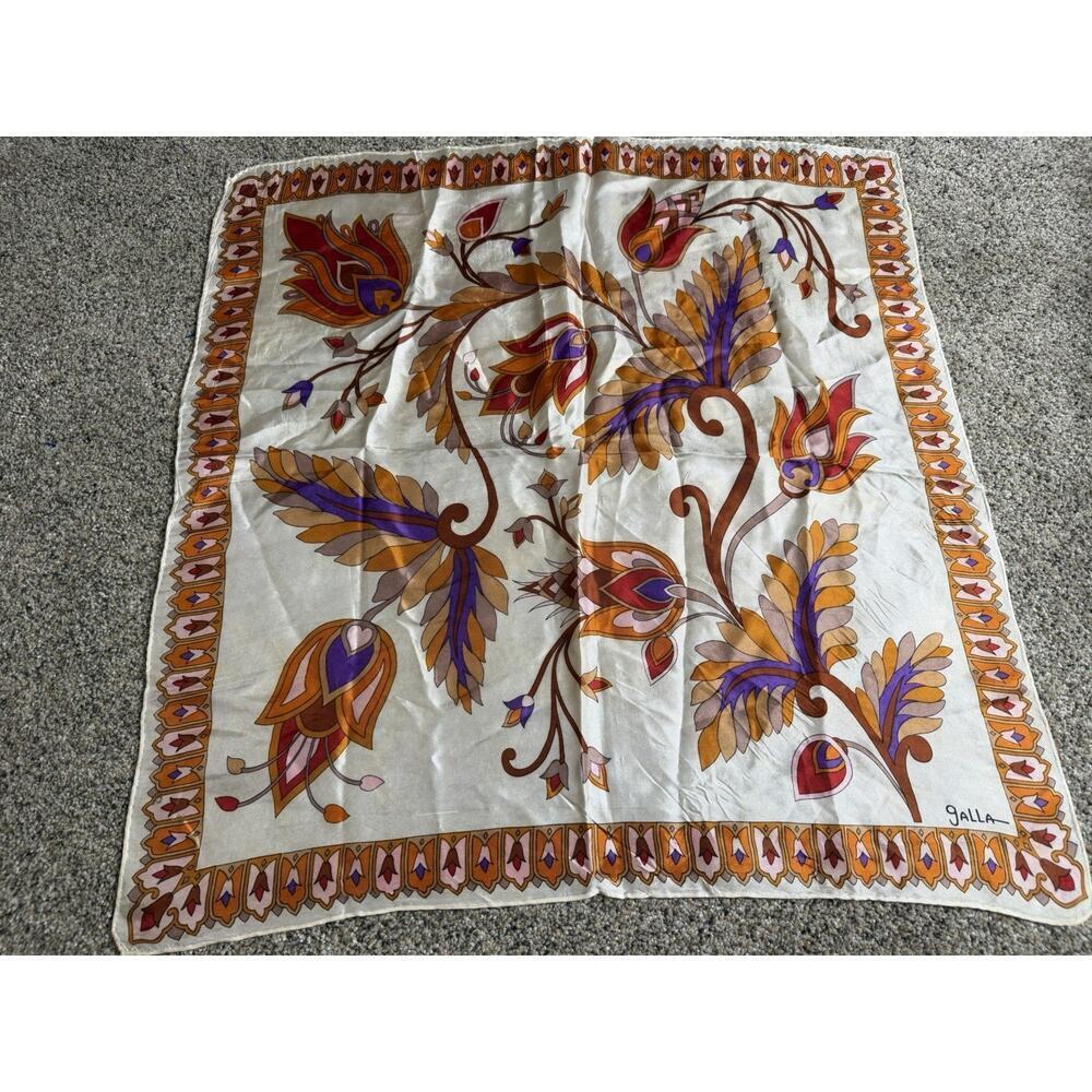 Galla Vintage Regal Satin Square Scarf Lightweight Floral Leaves Orange Purple